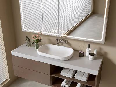 Modern Bathroom Vanity With Mirror White Sink Wooden Cabinet Towels Toiletries And Blinds 3d model