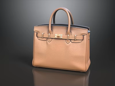 Classic Brown Leather Handbag with Gold Metal Clasp and Top Handles Design 3d model