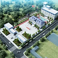 Aerial Planning of Campus With Blue Roof Buildings Green Lawns And Red Paths