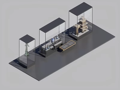 Museum Glass Display Cases Showcase Ancient Artifacts And Sculptures Interior 3d model