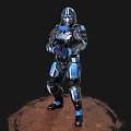 Futuristic Blue And Black Armored Character Holding Weapon Standing On Red Ground 3d model