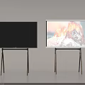 Two Televisions With Black Screen Off And White Frame Displaying Mountain Scenery On Wooden Stand