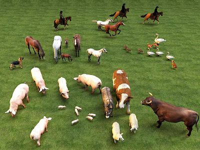 Various Farm Animals Grazing On Green Grassland With Riders On Horses 3d model