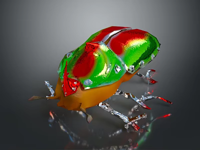 3D Rendered Vibrant Beetle With Green Red Orange Shiny Shell And Transparent Crystal Legs 3d model