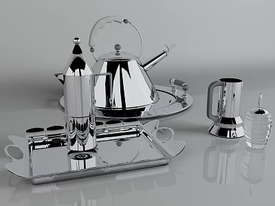 Complete Silver Metallic Tea Set with Teapot Cups and Serving Tray 3d model