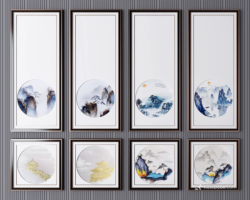 Framed Chinese Landscape Paintings With Mountain Water Moon And Pine Tree Decorative Art 3d model 