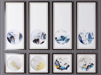 Framed Chinese Landscape Paintings With Mountain Water Moon And Pine Tree Decorative Art 3d model