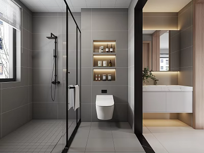 Modern Minimalist Grey Tiled Bathroom With Glass Shower Niche And Floating Vanity Fixtures 3d model