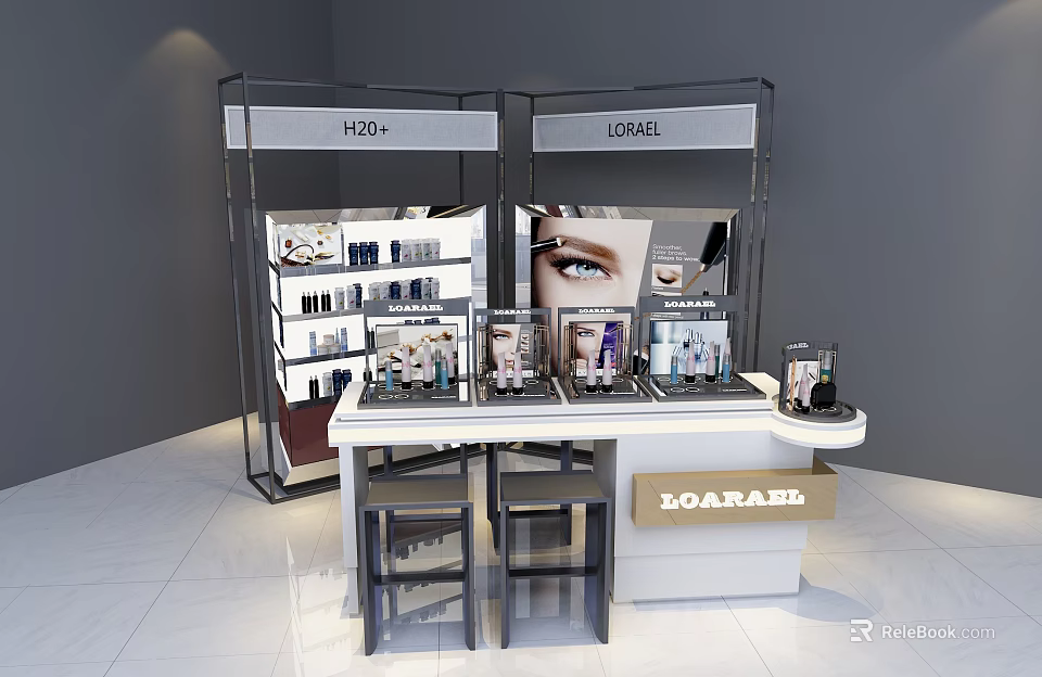 Modern Retail Display Shelves with Hz+ LOARABL Cosmetics Counter and Stools 3d model 