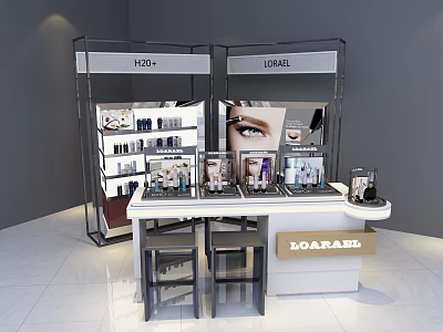 Modern Retail Display Shelves with Hz+ LOARABL Cosmetics Counter and Stools 3d model