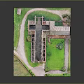 Cartoon Scene of Ancient Ruin Model with Courtyard Grass Lawn Pathway and Trees