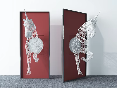 Red Background Wall Decor With White Unicorn Line Art And Black Frame Hanging On Wall 3d model
