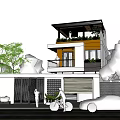 Modern Detached Villa Exterior Design With Yellow White Facade Balcony Plants And Trees