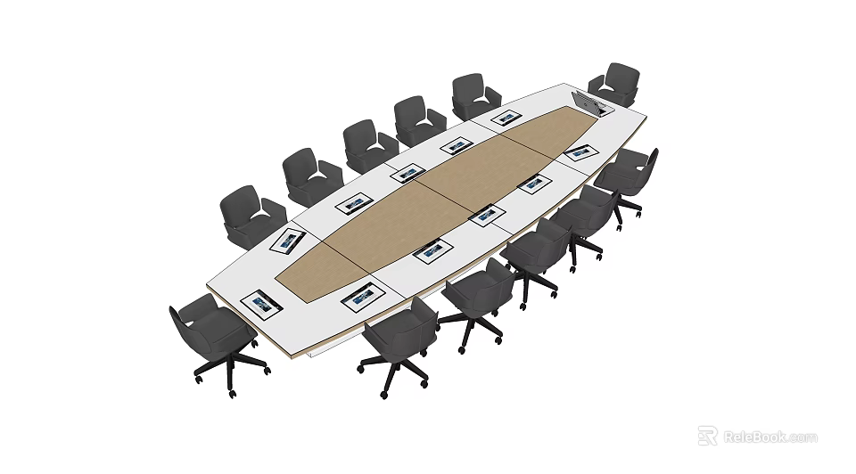 White Rectangular Conference Table With Black Office Chairs And Brown Center Panel 3d model