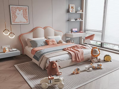 Kids Bed with Pink Headboard Pillows Blanket Lion Plush Toy Car Rug Desk Wall Art 3d model