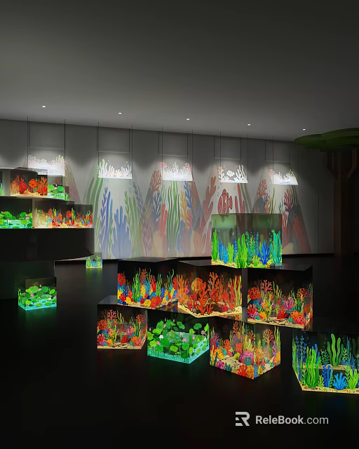 Colorful Aquariums On Display Shelves With Wave Patterned Background And Hanging Lights 3d model 