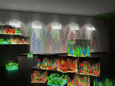 Colorful Aquariums On Display Shelves With Wave Patterned Background And Hanging Lights 3d model
