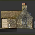 Traditional Brick Building Model Featuring Brown Mossy Roof Chimney And Green Lawn