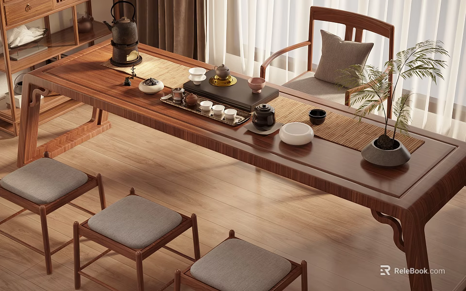 Traditional Wooden Tea Table and Chairs With Tea Set Potted Plant and Cushioned Seats 3d model 
