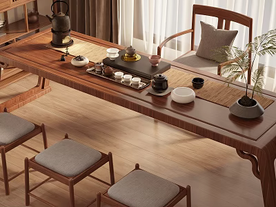Traditional Wooden Tea Table and Chairs With Tea Set Potted Plant and Cushioned Seats 3d model