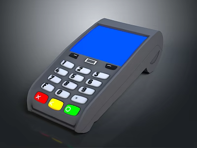 Modern Digital POS Terminal with Blue Screen Numeric Keypad and Red Yellow Green Function Buttons 3d model