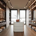 Modern Walk in Closet Interior With Double Sided Cabinets White Dresser Windows And Wooden Floors