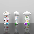White Cartoon Dolls with Colorful Star Patterns Displayed in Three Angles on Shiny Black Surface