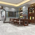 Tobacco and Liquor Store Interior with Golden Display Shelves Wine Tea Products and Marble Counter