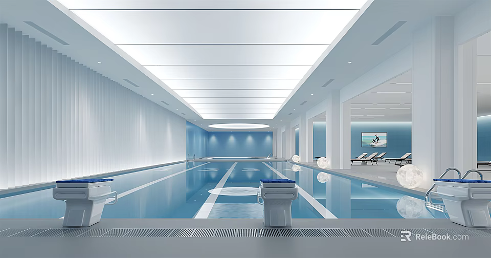 Modern Indoor Swimming Pool With Spacious Bright Interior Blue Walls And Lounge Chairs 3d model 