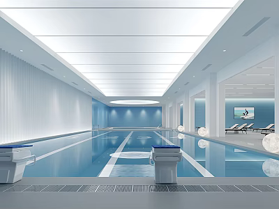Modern Indoor Swimming Pool With Spacious Bright Interior Blue Walls And Lounge Chairs 3d model