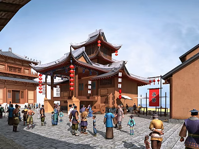 Traditional Chinese Commercial Street With Ancient Architectural Style Red Lanterns And Pedestrians 3d model