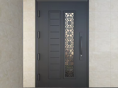 Modern Front Door Design with Lattice Glass Panel and Metal Handle on Stone Wall 3d model