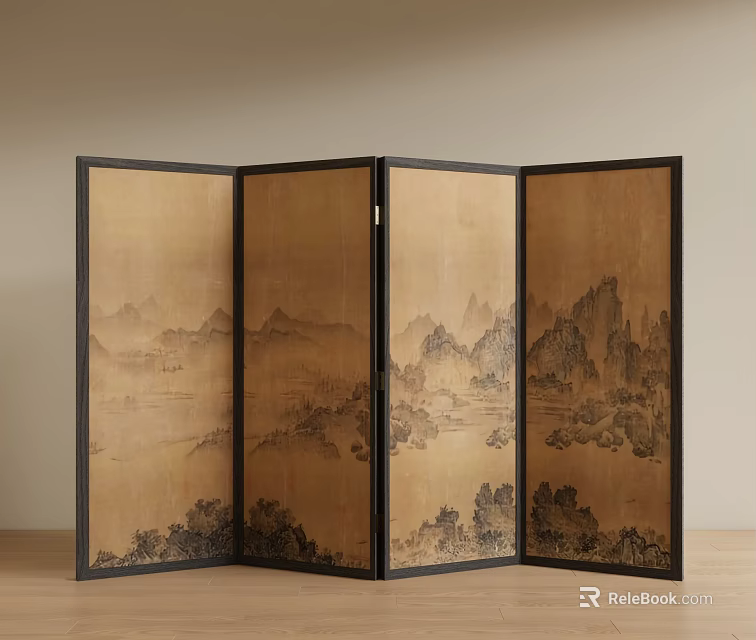 Traditional Chinese Folding Screen With Landscape Paintings 3d model