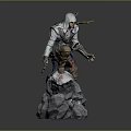 Game Movie Character in White Hood Assassin Outfit Standing On Rock Base With Weapon Statue 3d model
