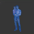 Happy Child in Pink Top Being Held by Father in Blue Shirt Against Gray Background