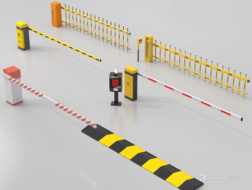Public Facility Access Control System With Yellow Black Barriers And Gate Railing 3d model