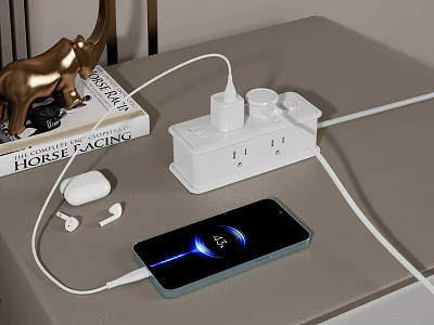 Desktop Charging Setup With Power Strip Phone Earbuds And Decorations 3d model