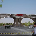 Unique Modern Entrance Gate Design Featuring LOGO Top with Trees and Road Vehicles