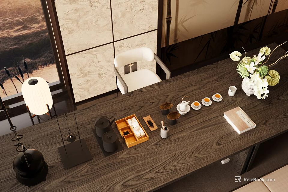 Traditional Tea Set With Teapot Cups And Wooden Tray On Table With Flowers And Book 3d model 