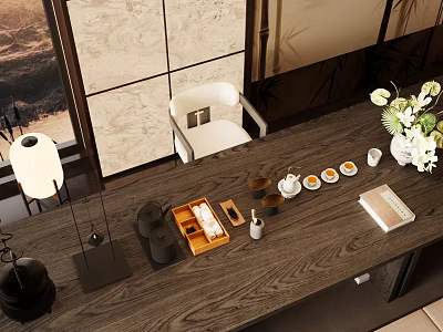 Traditional Tea Set With Teapot Cups And Wooden Tray On Table With Flowers And Book 3d model
