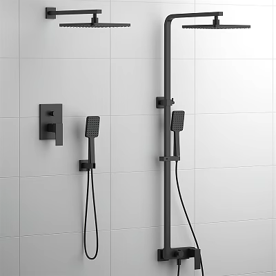 Contemporary Black Shower System With Handheld And Wall Mounted Design In White Tile Bathroom 3d model