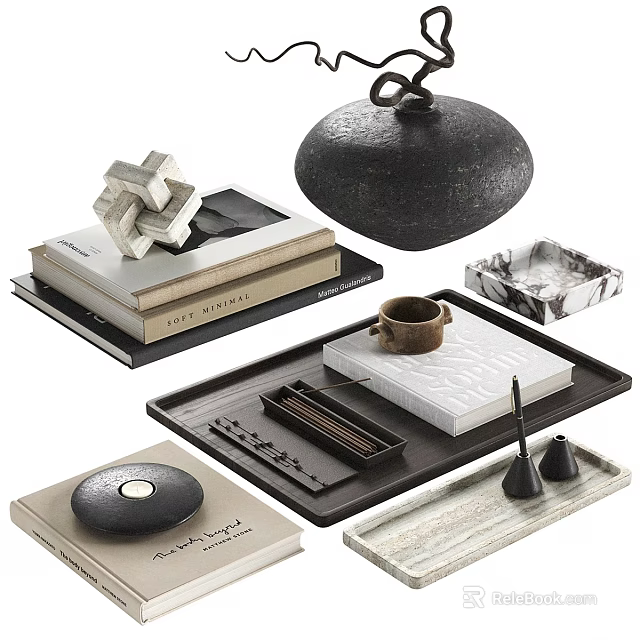 Elegant Decorative Ornament Combination with Stacked Books Geometric Sculptures Trays and Coffee Cup 3d model 