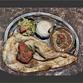 Authentic Indian Meal with Naan Bread Curry Rice and Fresh Salad on Marble Tray