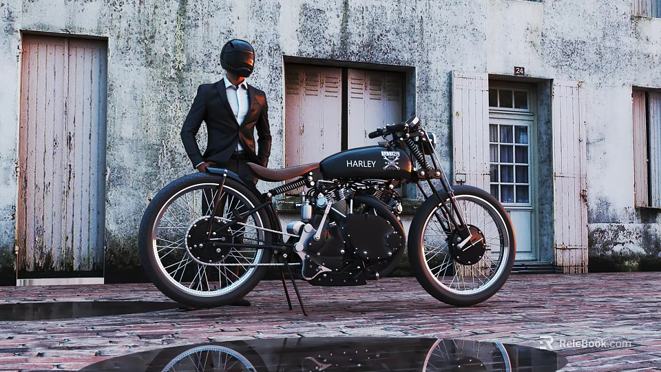 HARLEY Vintage Motorcycle with Man in Suit Helmet Against Old Building and Puddle Reflection 3d model 