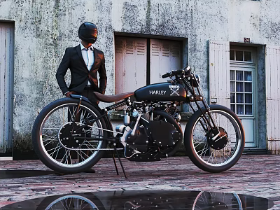 HARLEY Vintage Motorcycle with Man in Suit Helmet Against Old Building and Puddle Reflection 3d model