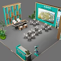 Green And Gold Exhibition Booth Design With Tables Chairs Plants And Picture Wall