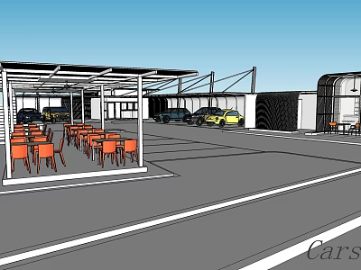 Outdoor Dining Space With Canopy Orange Tables Chairs And Adjacent Parking Lot 3d model