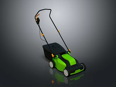 Garden Lawn Plants Maintenance With Green Black Electric Lawn Mower Orange Handles White Wheels 3d model