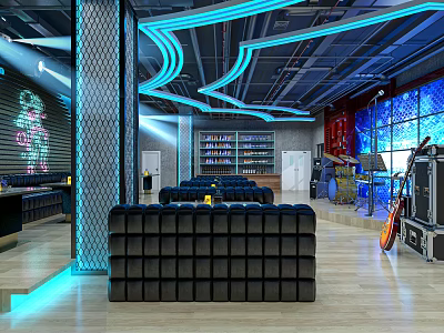 Modern Bar Interior With Blue Neon Lights Curved Ceiling Black Leather Seats And Guitar Decor 3d model
