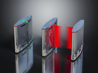 Public Facility Access Control Turnstile With Silver Body And Red Barrier 3d model